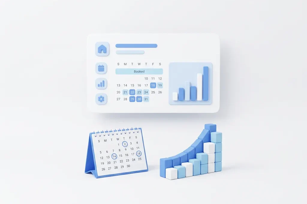 Zwevende Airbnb-stijl vastgoedkaart met kalender, boekingsdata en stijgende bezettingsbalk in blauw-witte tinten.