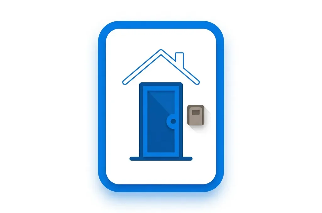 Blauwe voordeur met zilverkleurige sleutelkluis en minimalistisch huisje icoon op witte achtergrond.