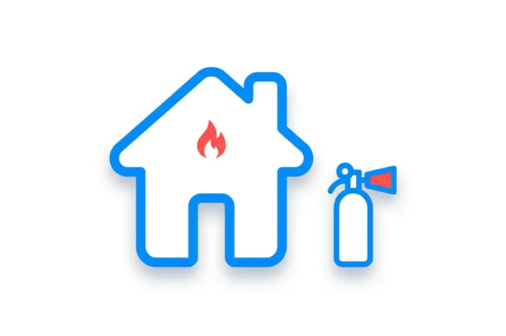 Minimalistisch flat icon van wit huis met blauwe omlijning, vlammetje op het dak en brandblusser ernaast.