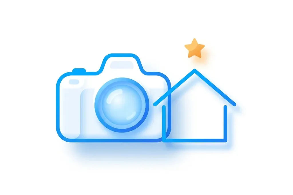 Platte illustratie van een DSLR-camera met blauw tintje en een huissilhouet op witte achtergrond, moderne flat design stijl.