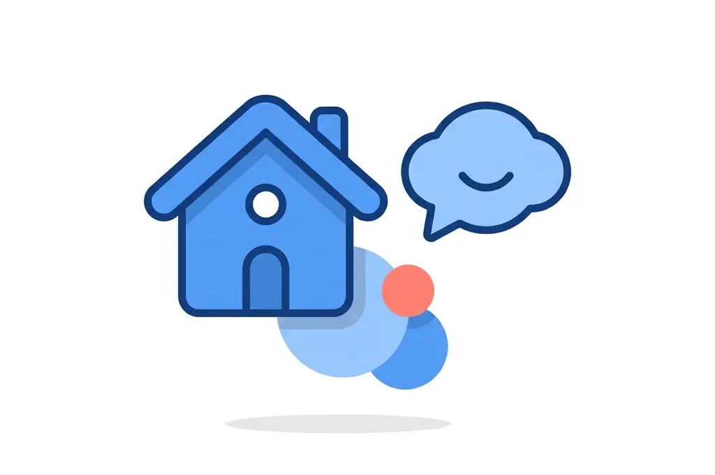 Minimalistische illustratie van een afgerond huisicoon met een vriendelijke tekstballon in blauw en wit met koraalaccent.