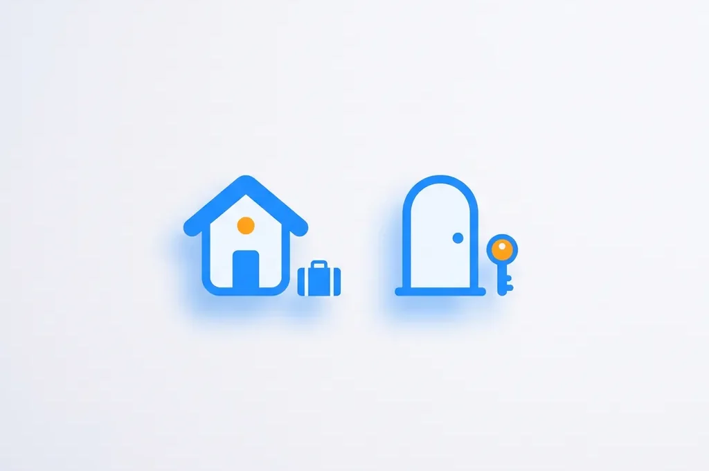 Minimalistische iconen van een huis met koffer en een appartementsdeur met sleutel in blauw-wit vlakke illustratiestijl.