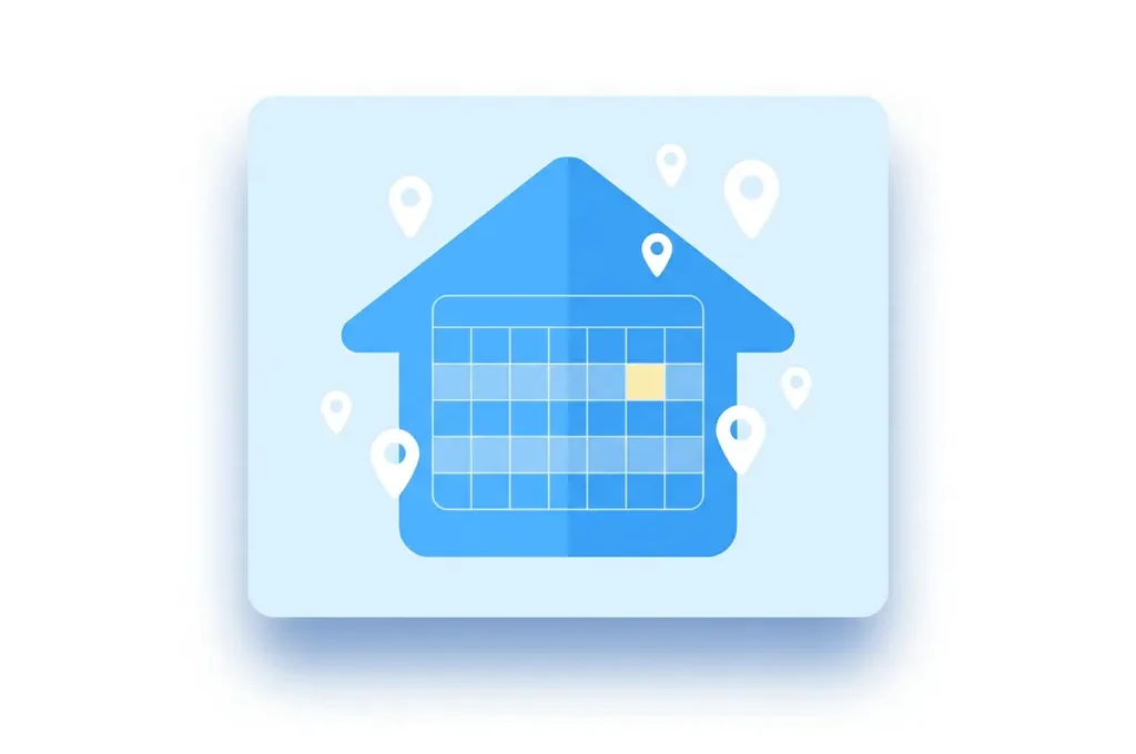 Blauw geometrisch huis-icoon met kalenderraster en witte locatiepinnen op witte achtergrond, moderne flat design stijl.
