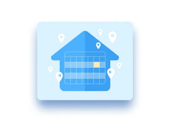 Blauw geometrisch huis-icoon met kalenderraster en witte locatiepinnen op witte achtergrond, moderne flat design stijl.