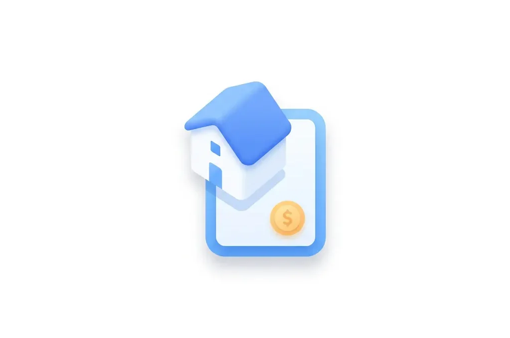 Minimalistisch flat icon van een wit huis met blauw dak, document en geel muntsymbool op witte achtergrond.