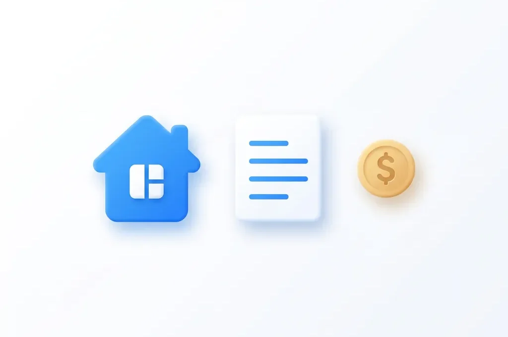 Blauw afgerond huispictogram met document en gouden muntsymbool op witte achtergrond, moderne flat design stijl.