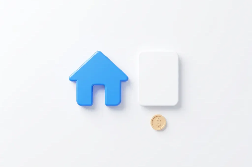 Blauw afgerond huispictogram naast een wit documentkaartje met gouden muntsymbool, moderne flat design illustratie voor hypotheek of vastgoed SaaS.