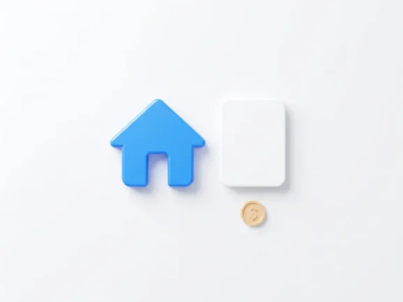 Blauw afgerond huispictogram naast een wit documentkaartje met gouden muntsymbool, moderne flat design illustratie voor hypotheek of vastgoed SaaS.