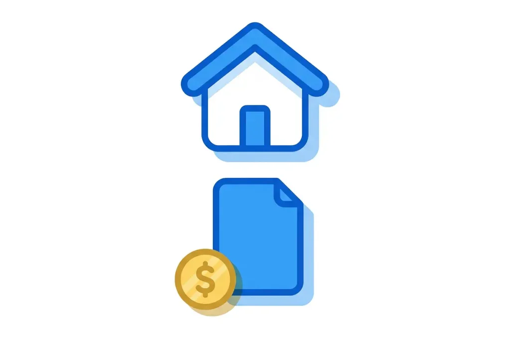 Minimalistische illustratie van een wit huis met blauw document en gouden munt, moderne flat design stijl.
