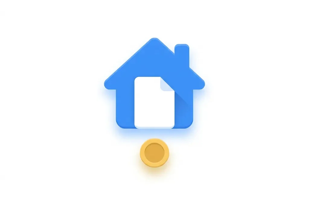 Flat icon van een huis met document en gouden munt, blauw-wit met goudaccent op witte achtergrond.