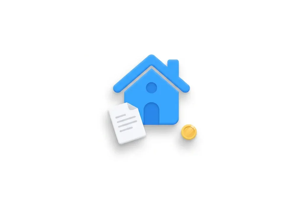 Blauw geometrisch huis-icoon met wit document en gouden munt op witte achtergrond, moderne flat design stijl.