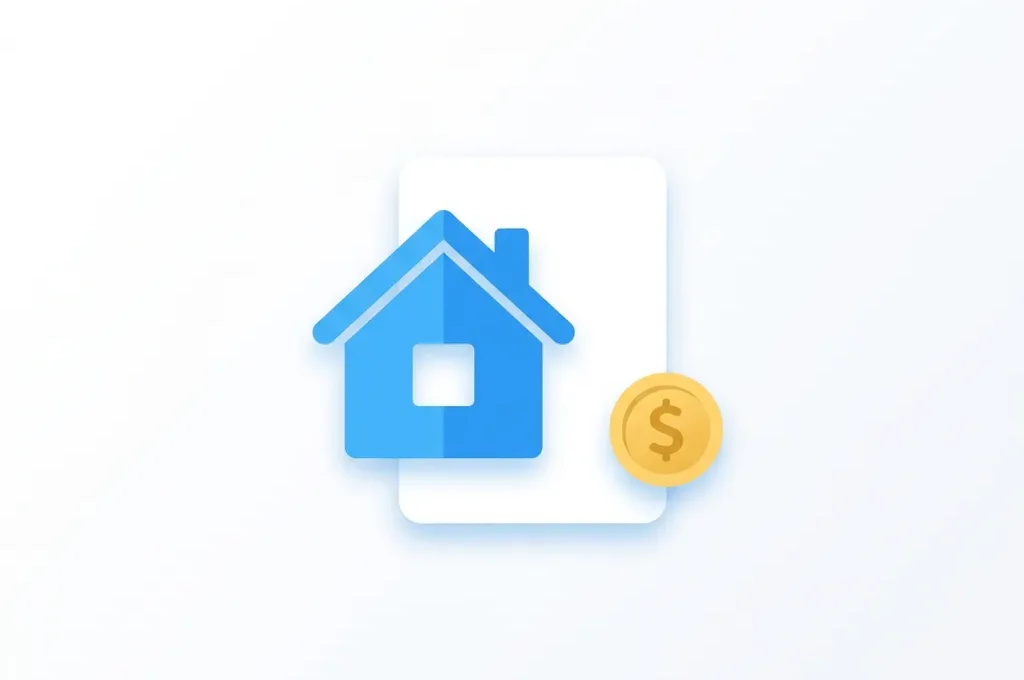 Blauw huissymbool overlappend wit document met gouden munt, minimalistisch flat design icoon op witte achtergrond.