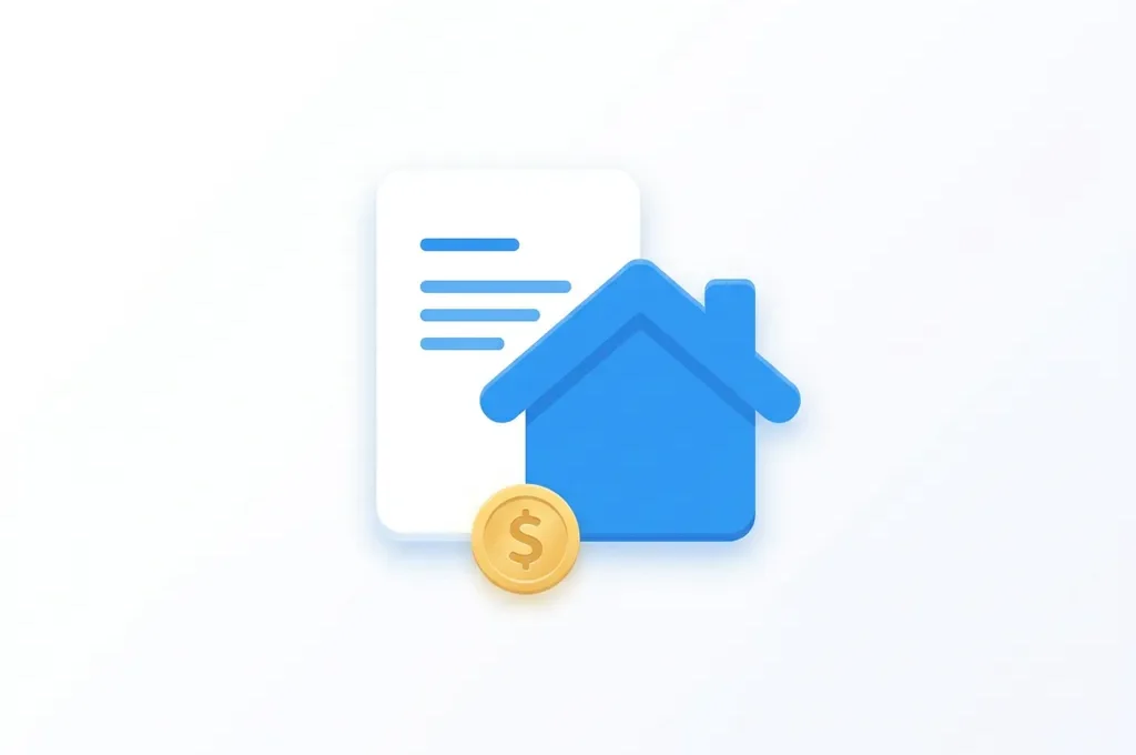 Blauw huis-icoon overlappend met een wit document en gouden munt, platte digitale illustratie over hypotheek of vastgoed.