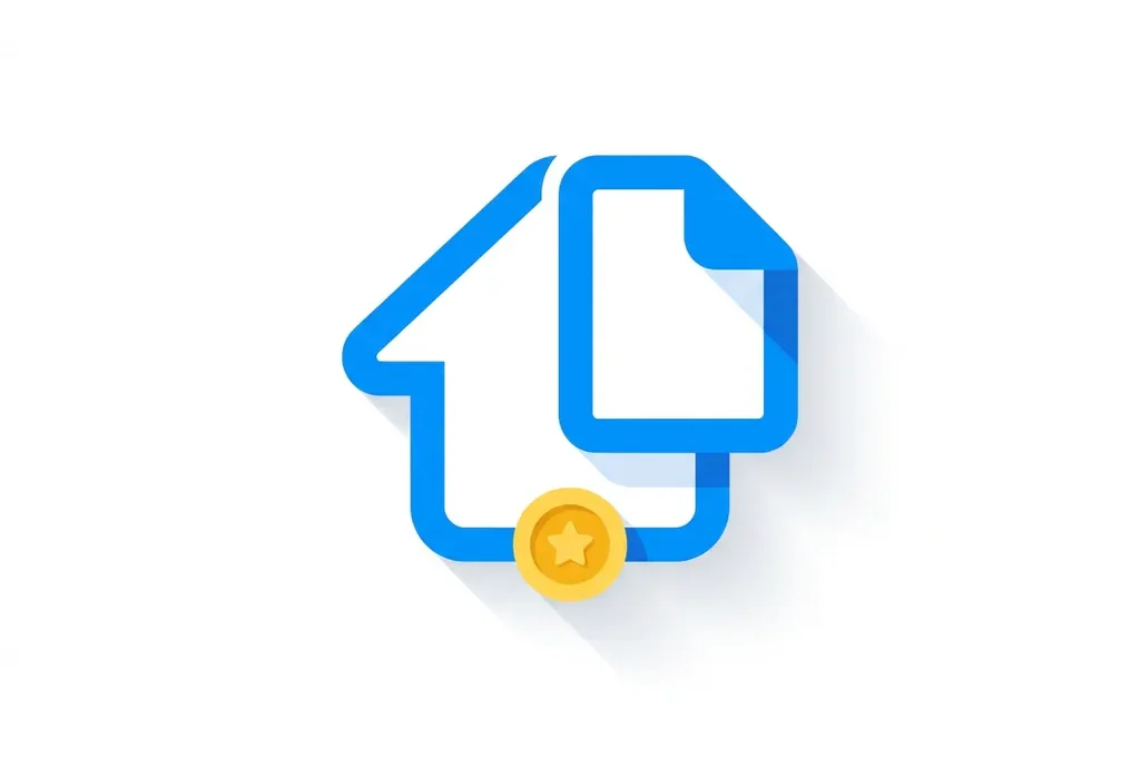 Minimalistisch blauw-wit icoon van een huis gecombineerd met een document, gouden munt aan de basis, vlakke digitale illustratiestijl.