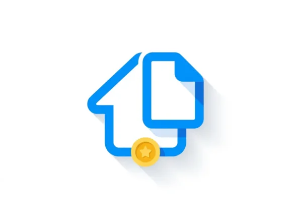 Minimalistisch blauw-wit icoon van een huis gecombineerd met een document, gouden munt aan de basis, vlakke digitale illustratiestijl.
