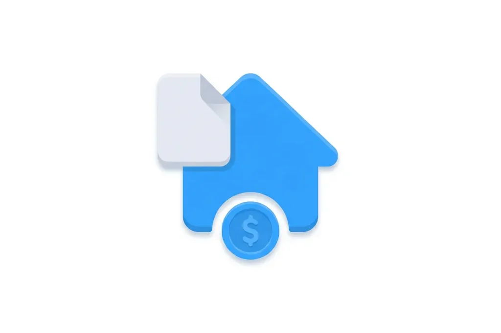 Blauw plat icoon van een huis met documentoverlay en muntsymbool op witte achtergrond, moderne digitale illustratiestijl.
