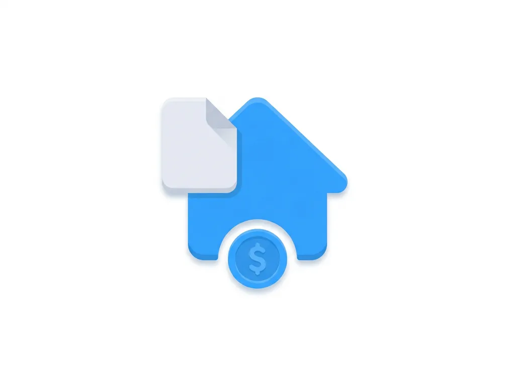 Blauw plat icoon van een huis met documentoverlay en muntsymbool op witte achtergrond, moderne digitale illustratiestijl.