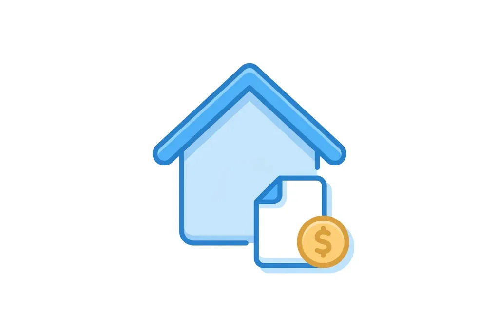 Minimalistisch flat design icoon van een blauw huis met document en gele munt, moderne SaaS-stijl op witte achtergrond.