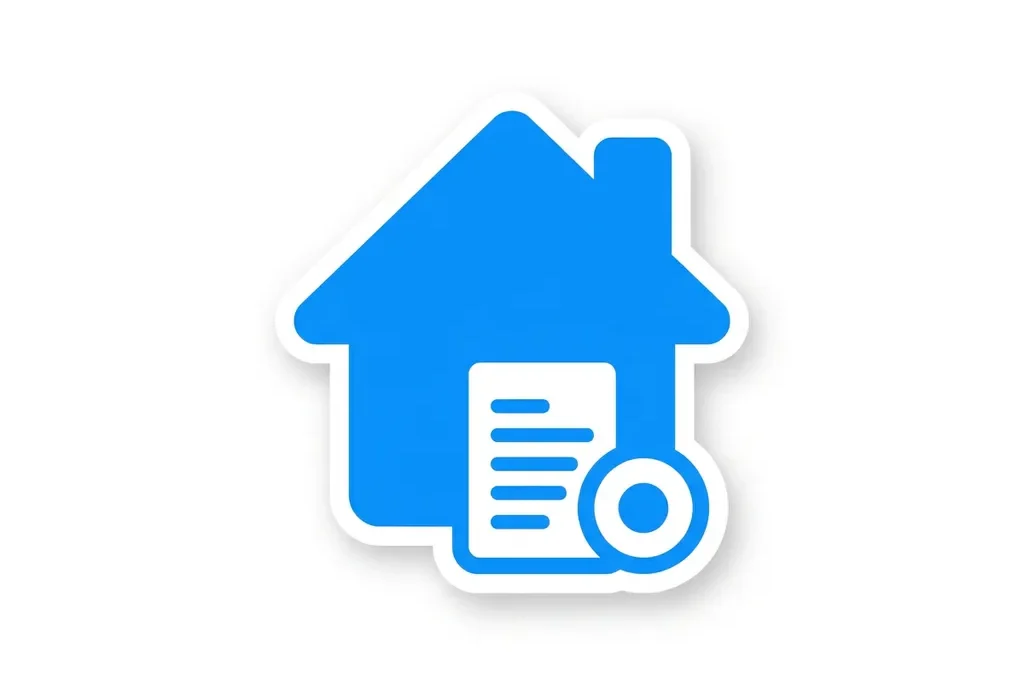 Plat icoon van een blauw huis met document en muntsymbool, illustratie van vastgoed en hypotheek.