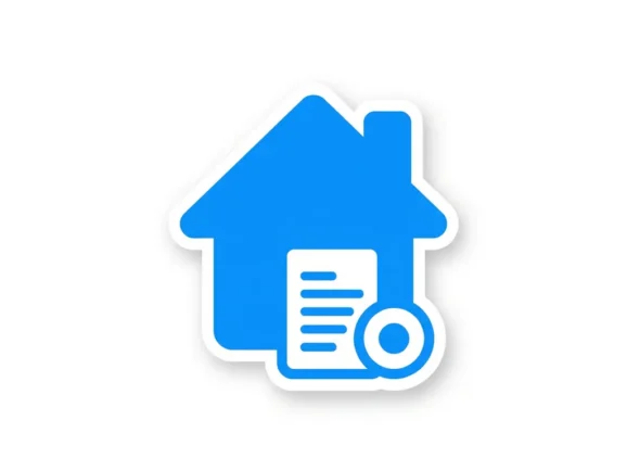 Plat icoon van een blauw huis met document en muntsymbool, illustratie van vastgoed en hypotheek.