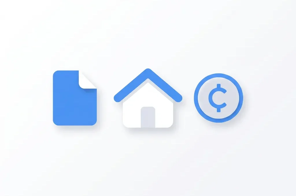Minimalistisch flat design icoon van een wit huis met blauw document en muntsymbool op witte achtergrond.