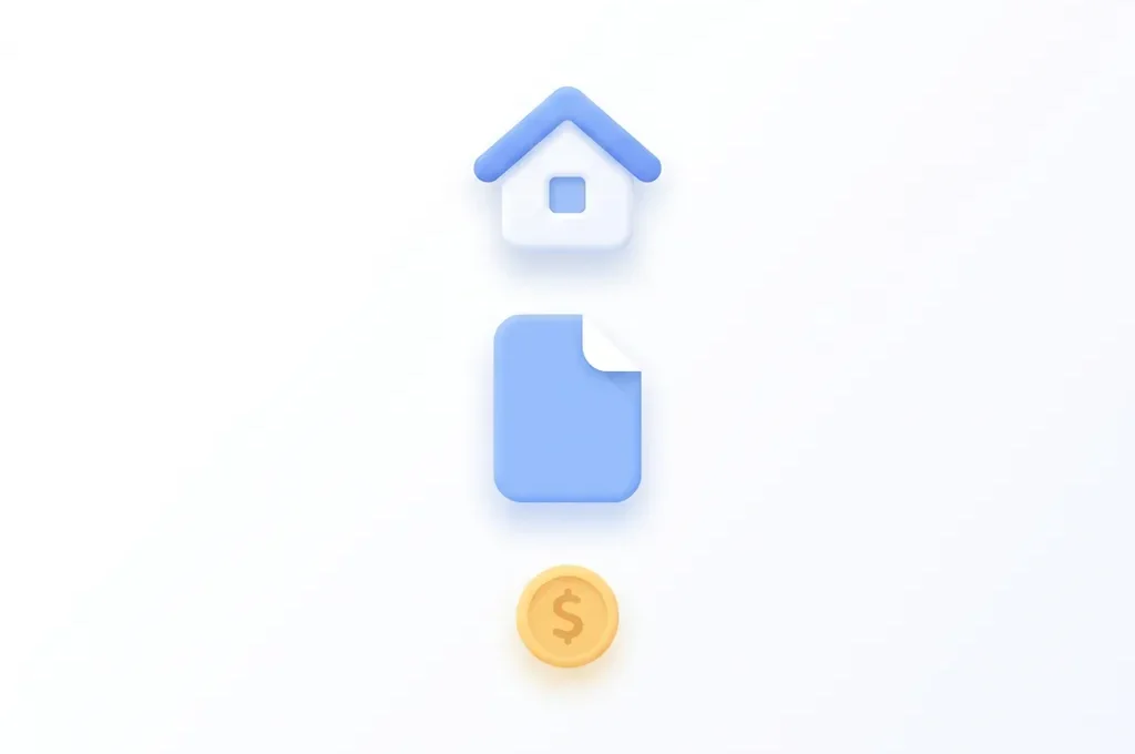 Minimalistisch flat design icoon van een wit huis met blauw dak, document en gele munt op witte achtergrond.