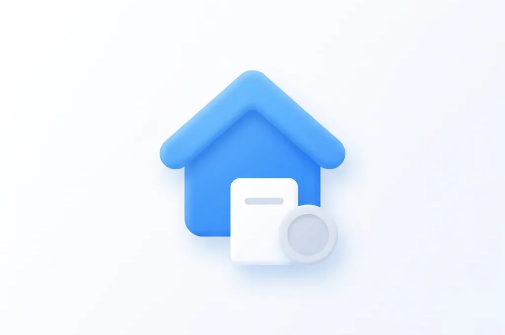 Blauw plat icoon van een huis met document- en muntsymbool op witte achtergrond, vastgoed financiën concept.