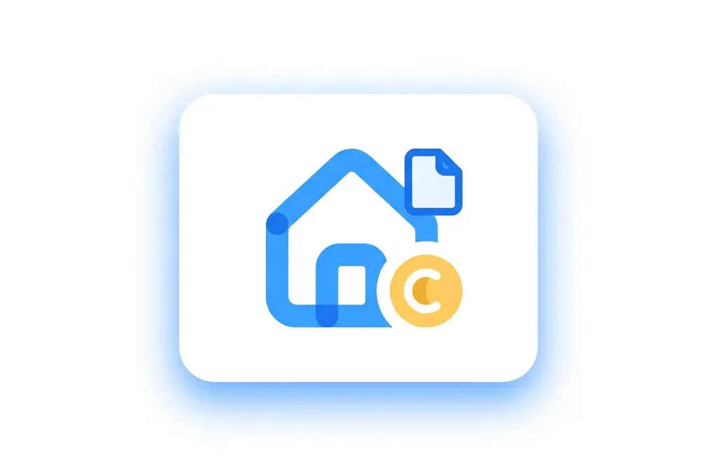 Flat icon van een blauwe huisomtrek met een document en gele munt, moderne minimalistische stijl op witte achtergrond.