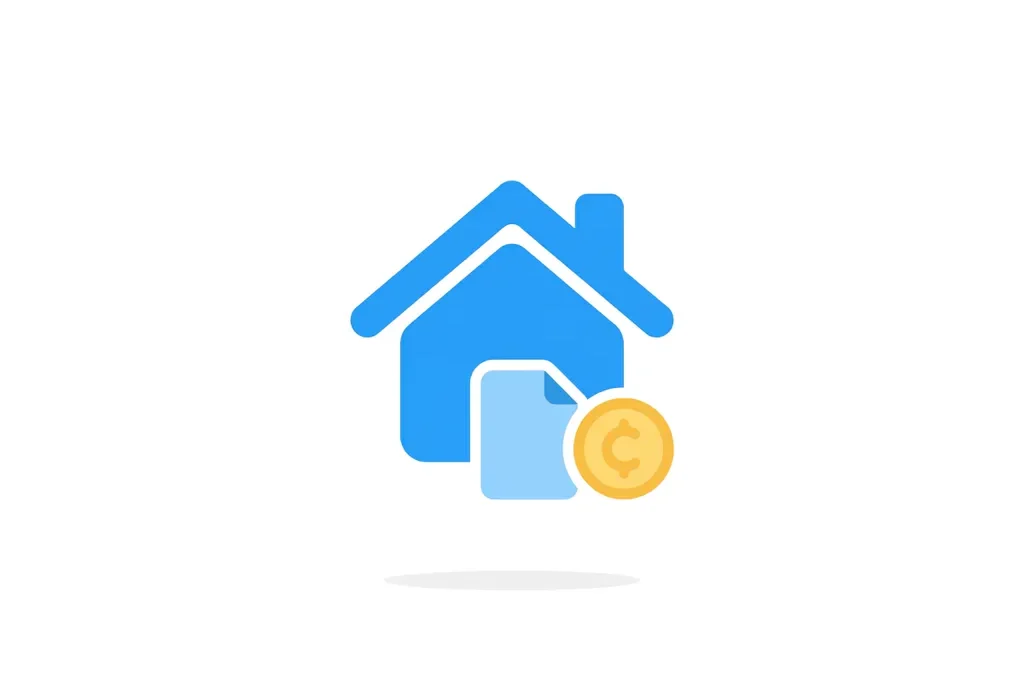 Plat icoon van een blauw huis met een document en gele munt, symbool voor vastgoed en financiën.
