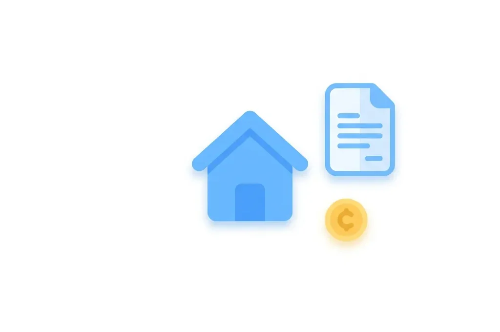 Plat digitaal icoon van een blauwe woning met document en gele munt op witte achtergrond.