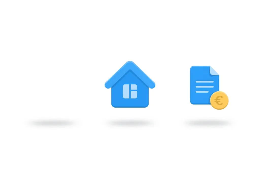 Blauw huis-icoon met document en gele munt op witte achtergrond, minimalistische flat-style illustratie.