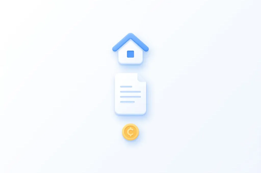 Minimalistisch flat design icoon van wit huis met blauw dak, document en gele munt op witte achtergrond.