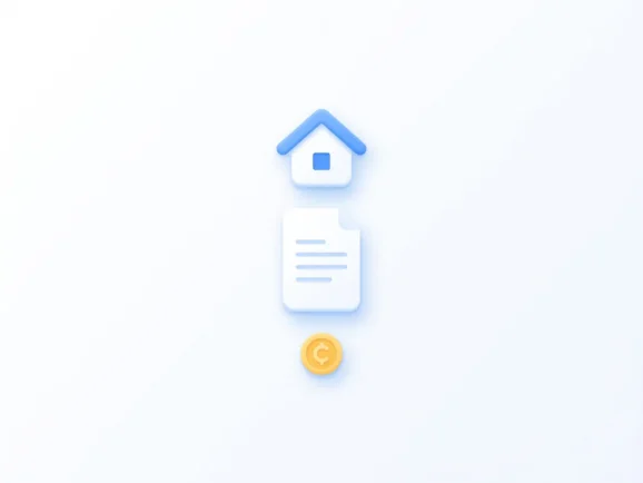 Minimalistisch flat design icoon van wit huis met blauw dak, document en gele munt op witte achtergrond.