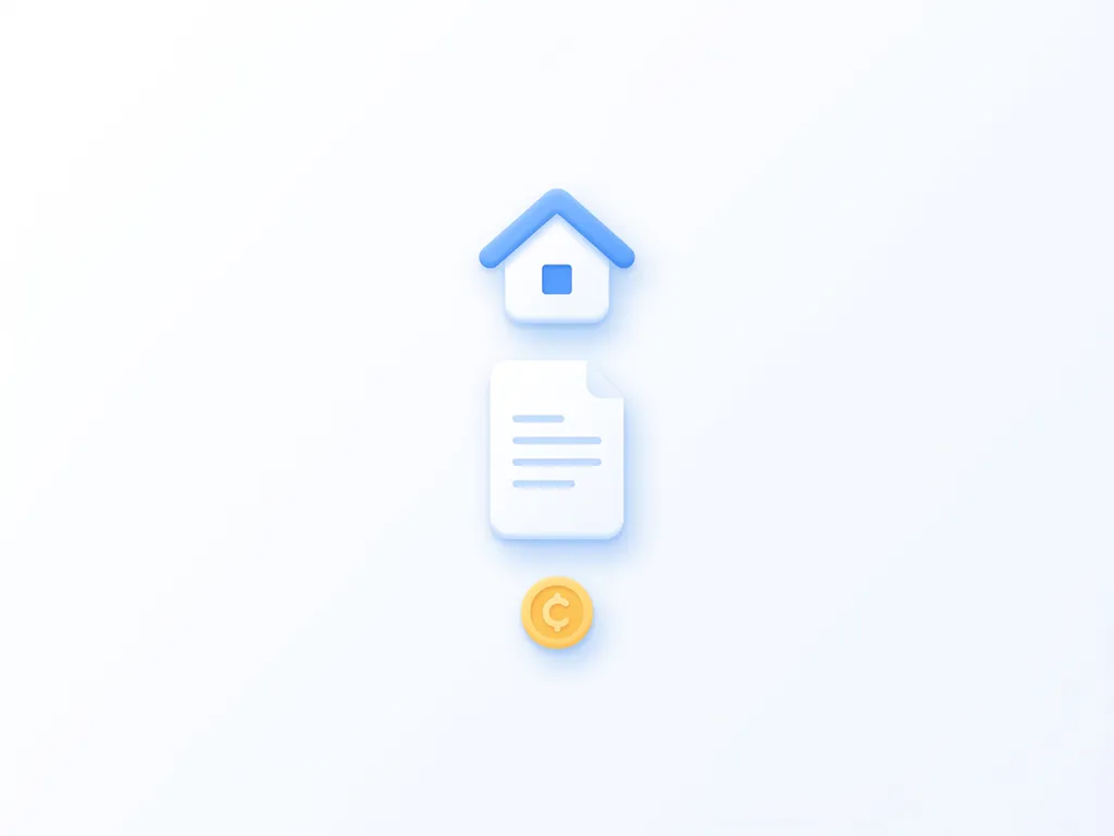 Minimalistisch flat design icoon van wit huis met blauw dak, document en gele munt op witte achtergrond.