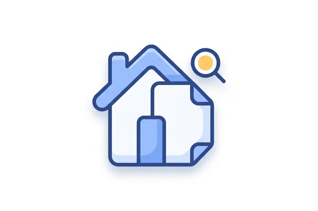 Blauw-wit huis icoon gecombineerd met documentpagina en geel zoekglas accent, moderne flat illustration voor SEO blog.