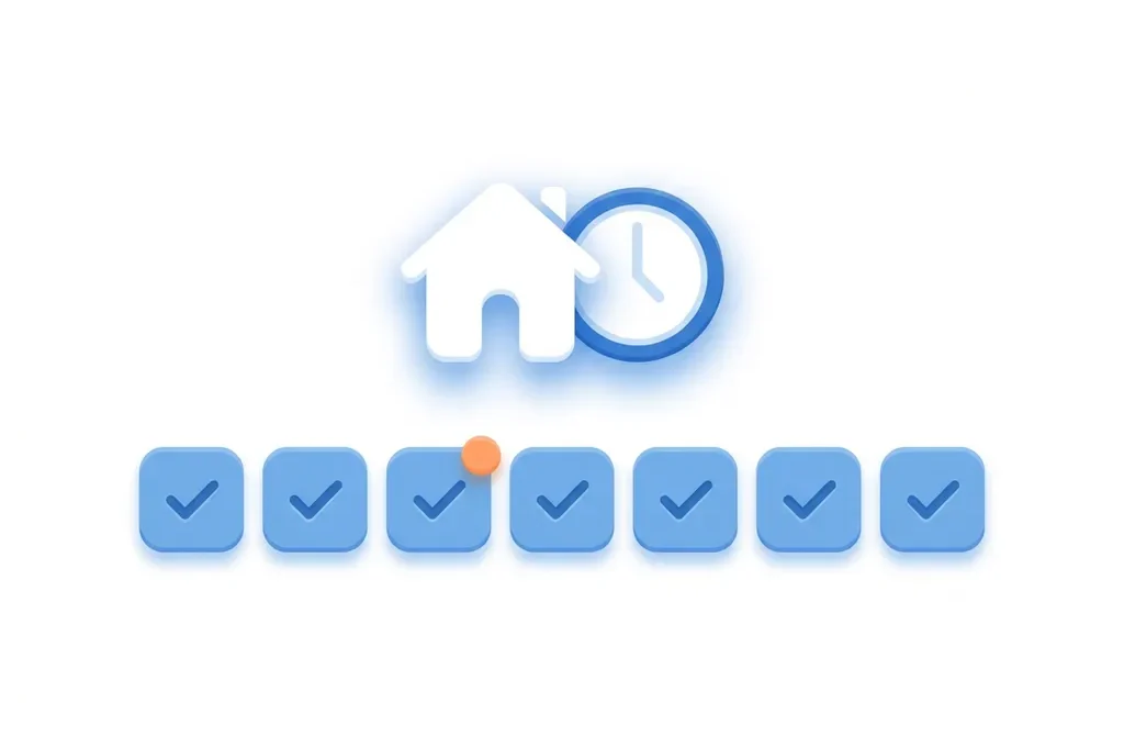 Minimalistisch flat design icoon van een wit huis en klok boven een blauwe weekkalender op witte achtergrond.