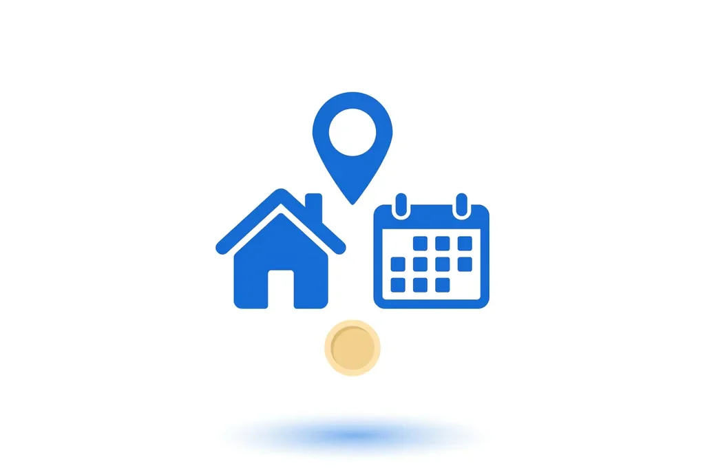 Minimalistisch flat design icoon van een geometrisch huis met locatiepin, kalender en gouden muntaccent in blauw en wit.