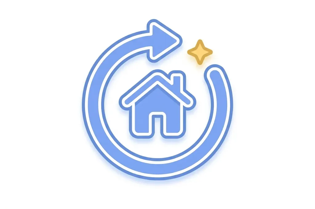 Minimalistisch flat icon van een afgerond huis met een blauwe vernieuwingspijl eromheen en een gouden ster accent.