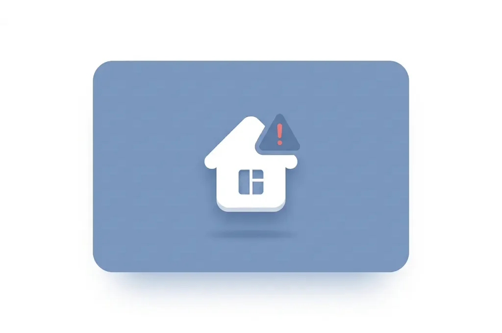 Minimalistisch flat design icoon van een wit huis met rood waarschuwingssymbool op witte achtergrond.