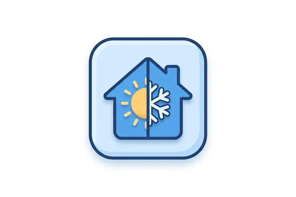 Flat icoon van een blauw huis met zon en sneeuwvlok, symbool voor klimaatbeheersing thuis.