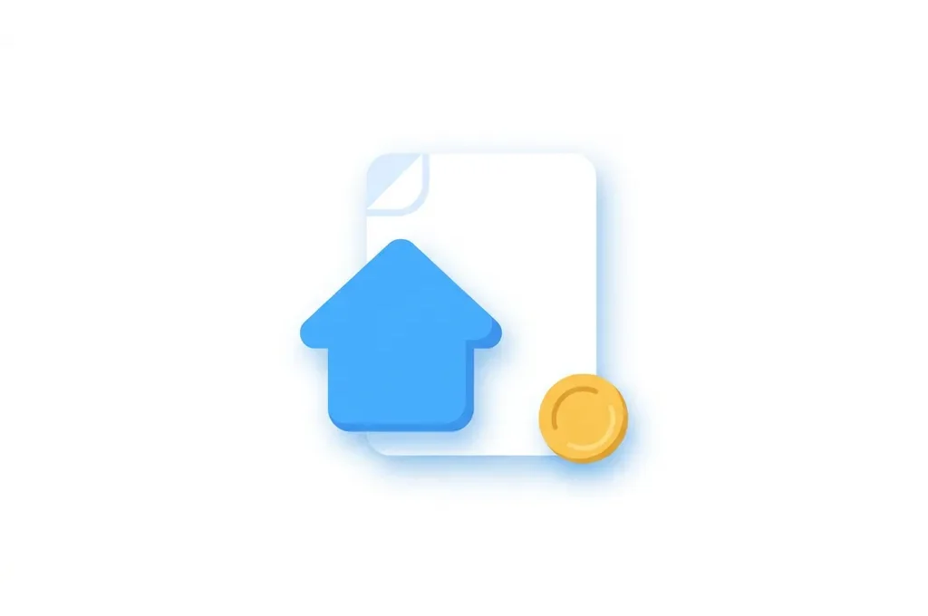 Blauw huis-icoon op wit document met gouden munt, platte illustratie over hypotheek of vastgoedbeheer.