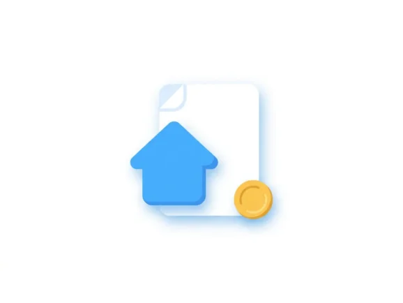Blauw huis-icoon op wit document met gouden munt, platte illustratie over hypotheek of vastgoedbeheer.