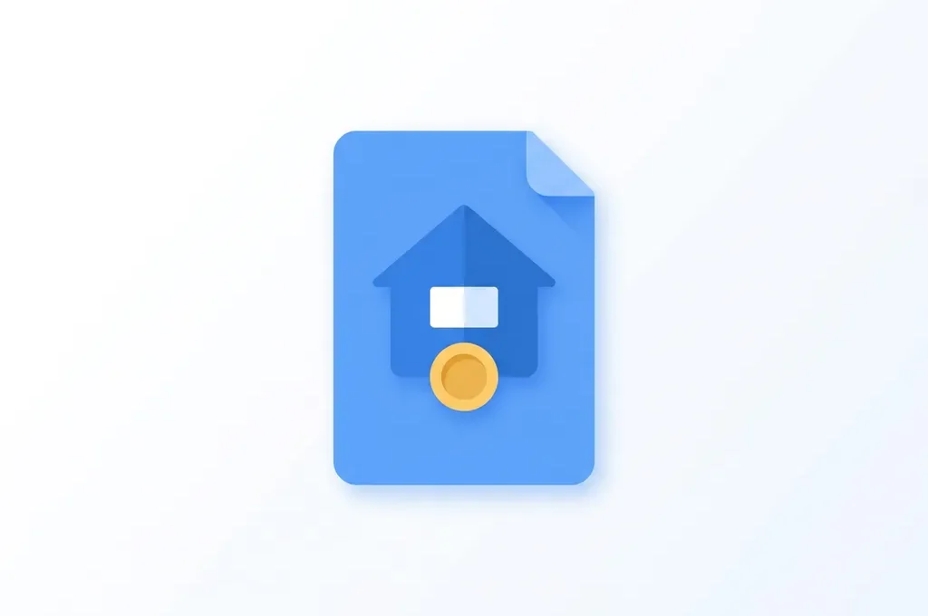 Minimalistisch flat design icoon van een geometrisch huis op een blauw document met een gouden munt, blauwe en witte tinten.