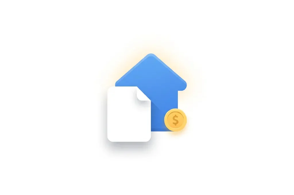 Blauw huis-icoon met wit document en gouden munt op witte achtergrond, minimalistische flat design illustratie.