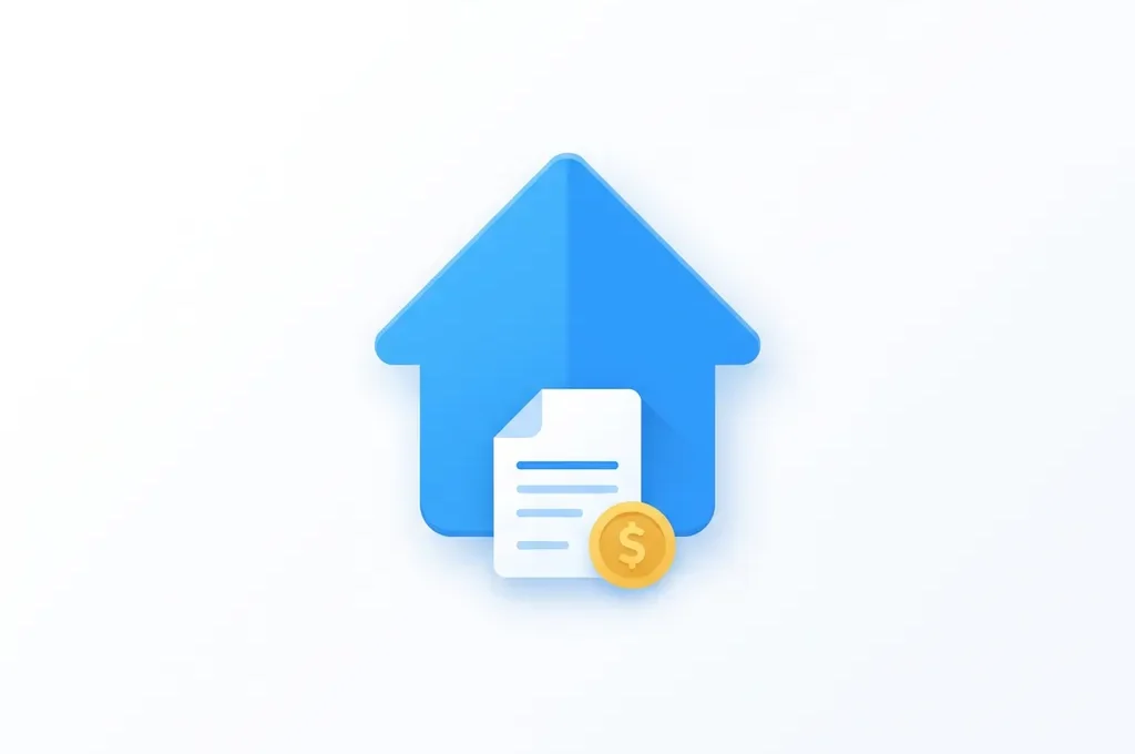 Blauw huis-icoon met document en gouden munt, platte digitale illustratie op witte achtergrond.