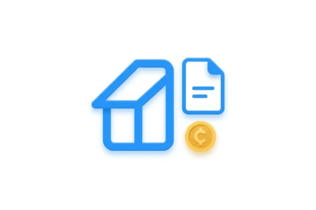 Minimalistisch flat design icoon van een blauw huis, wit document en gouden munt op witte achtergrond.