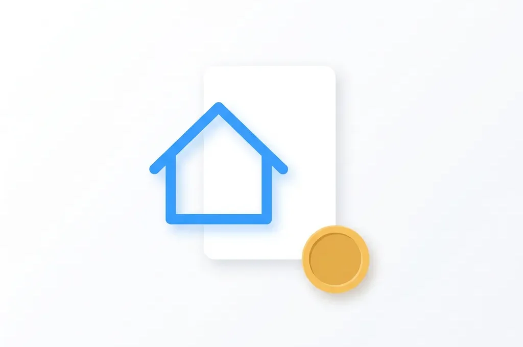 Plat icoon van een blauwe huisomtrek overlappend met een wit document en een gouden munt aan de basis.