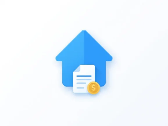 Blauw huis-icoon met document en gouden munt, platte digitale illustratie op witte achtergrond.