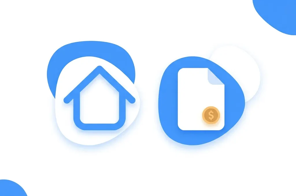 Blauw huis-icoon naast een wit document met een munt, minimalistische flat design illustratie voor hypotheek of vastgoed.