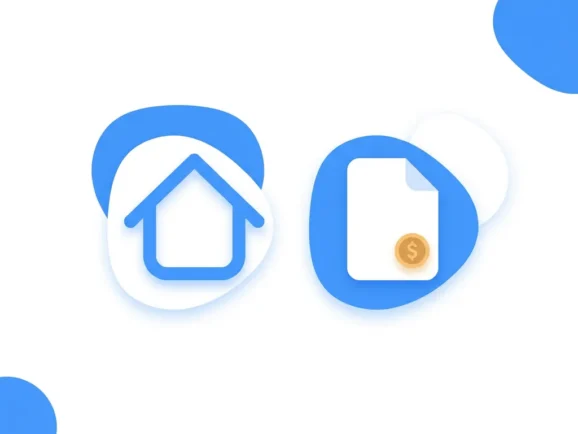 Blauw huis-icoon naast een wit document met een munt, minimalistische flat design illustratie voor hypotheek of vastgoed.